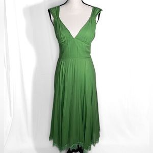 BCBG Paris Green Silk V- Neck Midi Dress Size 8